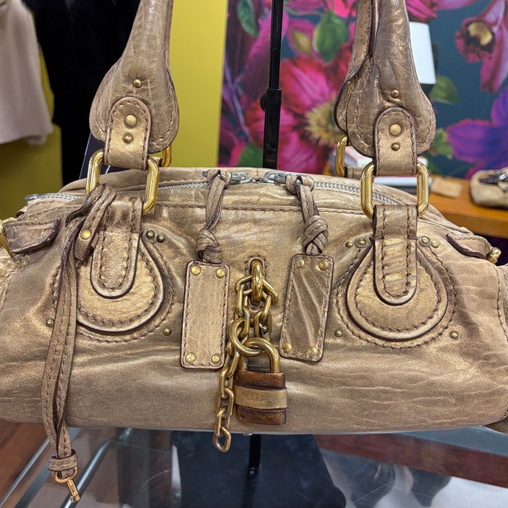 Authentic Vintage Chloé Paddington Metallic Antique Gold Leather Satchel Y2K